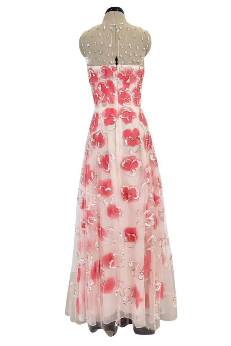 Dreamy 2000s Oscar de la Renta Pink Net & Floral Silk Dress w Bead & F Shrimpton Couture Dreamy 2000s Oscar de la Renta Pink Net & Floral Silk Dress w Bead & F Shrimpton Couture
