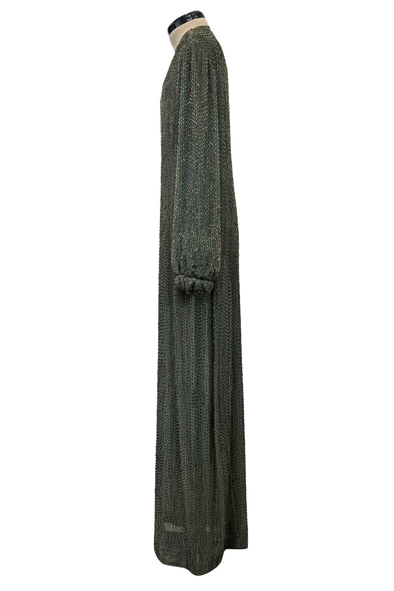 Prettiest Fall 1981 John Anthony Couture Moss Green Silk Chiffon Dress w Hand Beaded Detailing