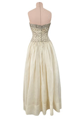 Exceptional 1959 Balenciaga Haute Couture Strapless Ivory Silk Chiffon w Metallic Embroidery