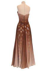 Dreamiest Fall 1989 Bob Mackie Runway Silk Chiffon w Metallic Leaf Print Underlay Strapless Dress