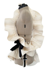 Rare 1980s Pierre Cardin Haute Couture Ivory Silk One Sleeve Ruffle Top w Black Silk Bow