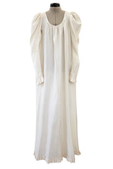 Amazing 1970s Yves Saint Laurent Silk Ivory Full Tent Dress w Belt, Ruffled Edges & Full Sleeves