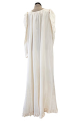 Amazing 1970s Yves Saint Laurent Silk Ivory Full Tent Dress w Belt, Ruffled Edges & Full Sleeves