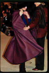Fabulous  Fall 1976 Yves Saint Laurent Striped Blue Wool Knee Length Cape w Hood & Tassel Detailing