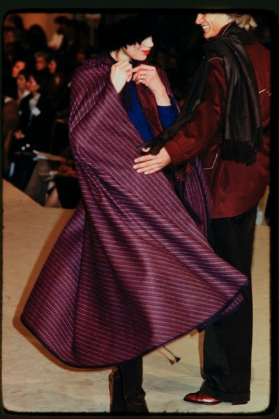 Fabulous  Fall 1976 Yves Saint Laurent Striped Blue Wool Knee Length Cape w Hood & Tassel Detailing