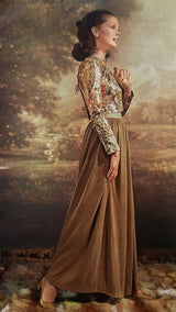 Fall 1970 Madame Gres Haute Couture Wide Leg Pant w Metallic Partially Open Tie Top Set