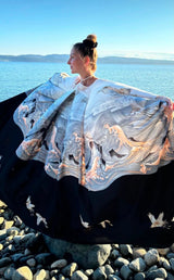 Outstanding 1970s Jean Varon Crane & Ocean Print Jersey Caftan Dress w Hand Crocheted Collar