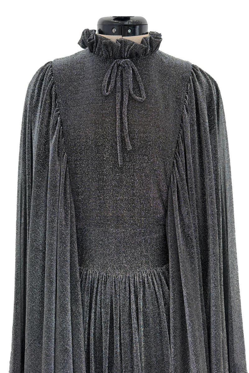 Spectacular 1970s Gina Fratini Metallic Deep Silver Lame Dress w Ruffle Collar &  Angel Sleeves