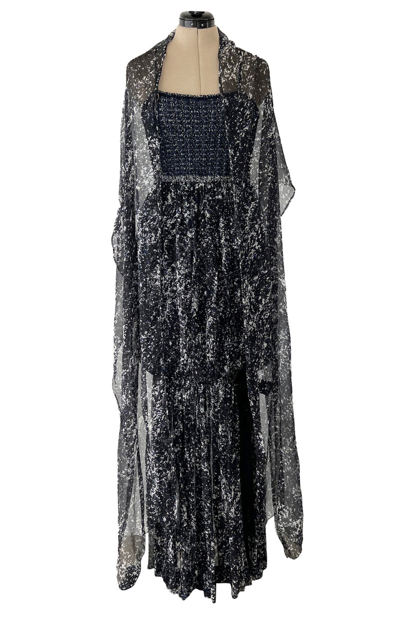 Gorgeous Spring 2012 Chanel by Karl Lagerfeld Hand Crochet Knit & Silk Chiffon Blue Dress w Scarf