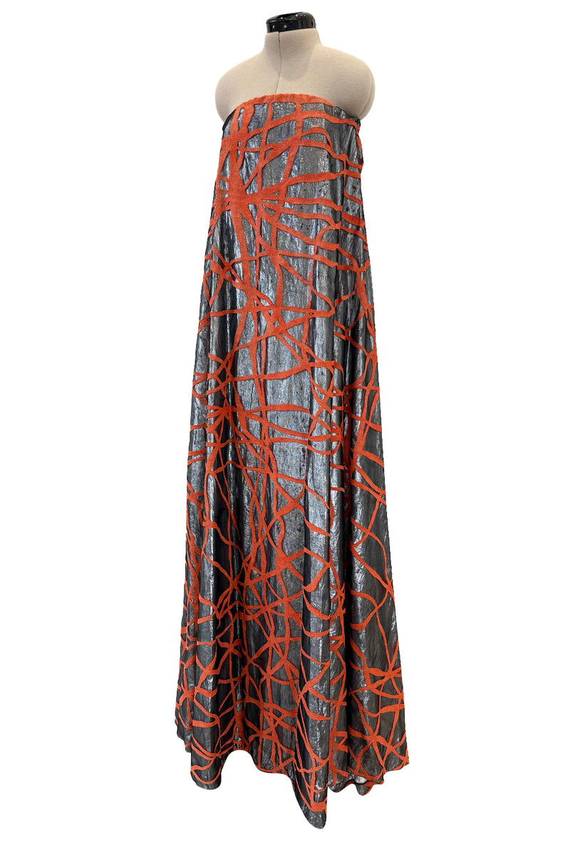 Ultra Rare 1990s Paco Rabanne Haute Couture Metallic Silver & Coral Dress w Chainlink Top & Headpiece