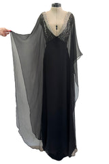 V Neck & Back 1990s Nina Ricci Black Silk Chiffon Caftan Dress w Sequin Bead & Rhinestone Detailing