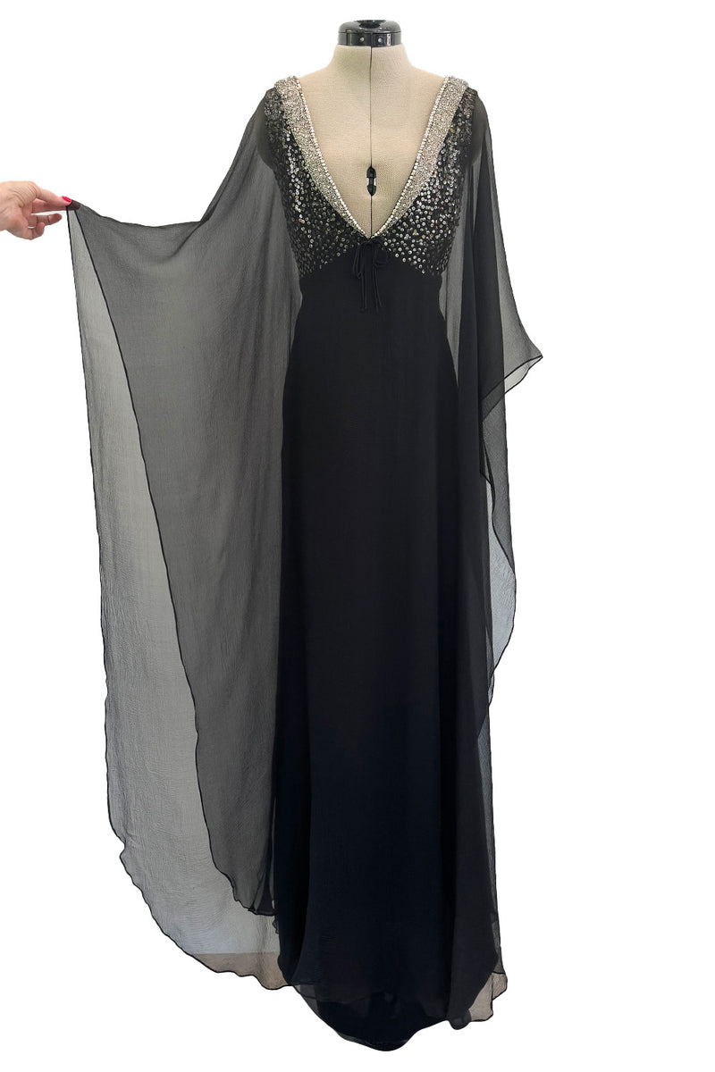 V Neck & Back 1990s Nina Ricci Black Silk Chiffon Caftan Dress w Sequin Bead & Rhinestone Detailing