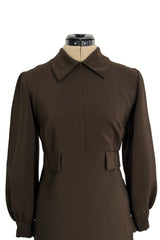 Elegant 1970s Madame Gres Haute Couture Chocolate Brown Day Dress w Full Sleeves & Collar