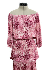 Gorgeous Spring 1976 Yves Saint Laurent Runway Pink Floral Silk Jersey Off Shoulder Dress