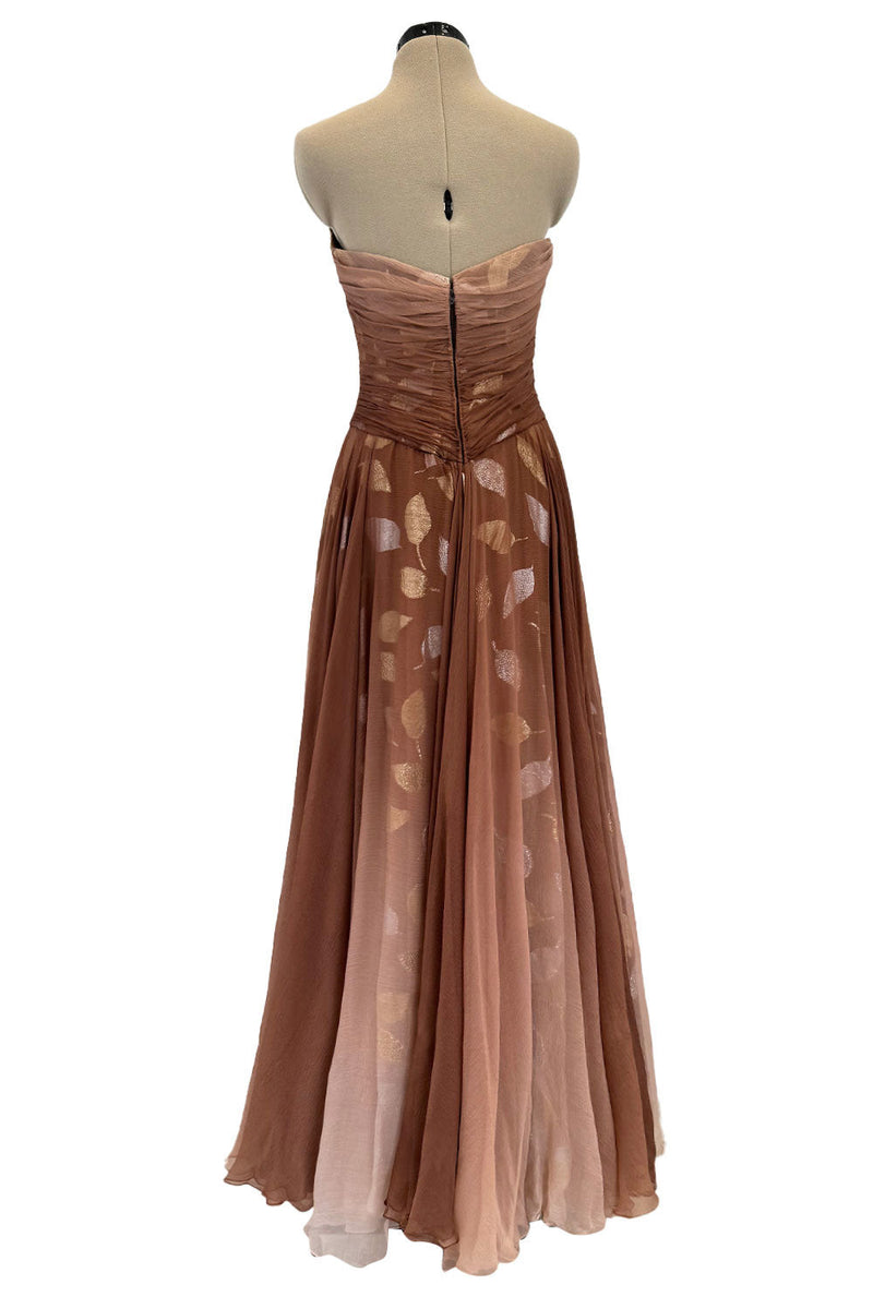 Prettiest Fall 1989 Bob Mackie Runway Silk Chiffon w Metallic Leaf Print Underlay Strapless Dress