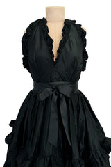 c 1970 Oscar de la Renta Black Silk Taffeta Backless Halter Neck Dress w Extensive Ruffle Detailing