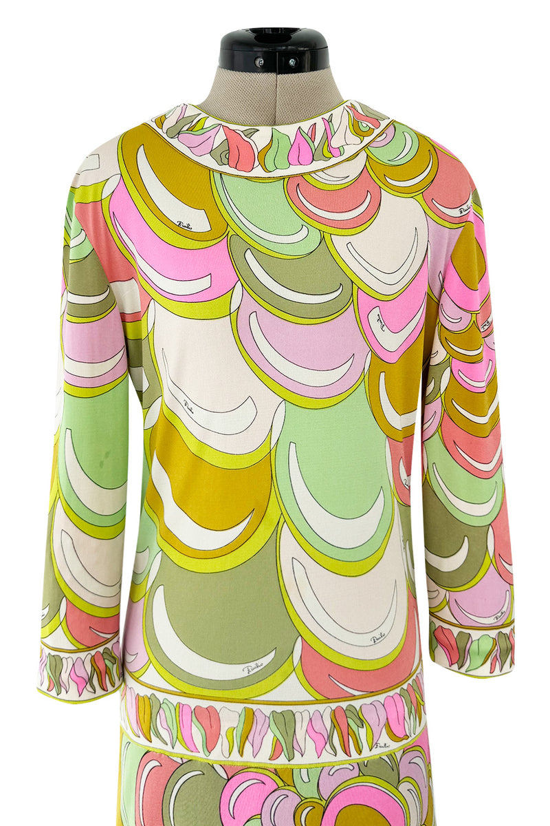 Prettiest 1960s Emilio Pucci Pale Pastel Curving Print Silk Jersey Dress w Contrasting Border