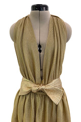 Fantastic Fall 1980 Bill Tice Metallic Gold Halter Front Backless Dress w Top Stiched Tie Belt & Front Slit