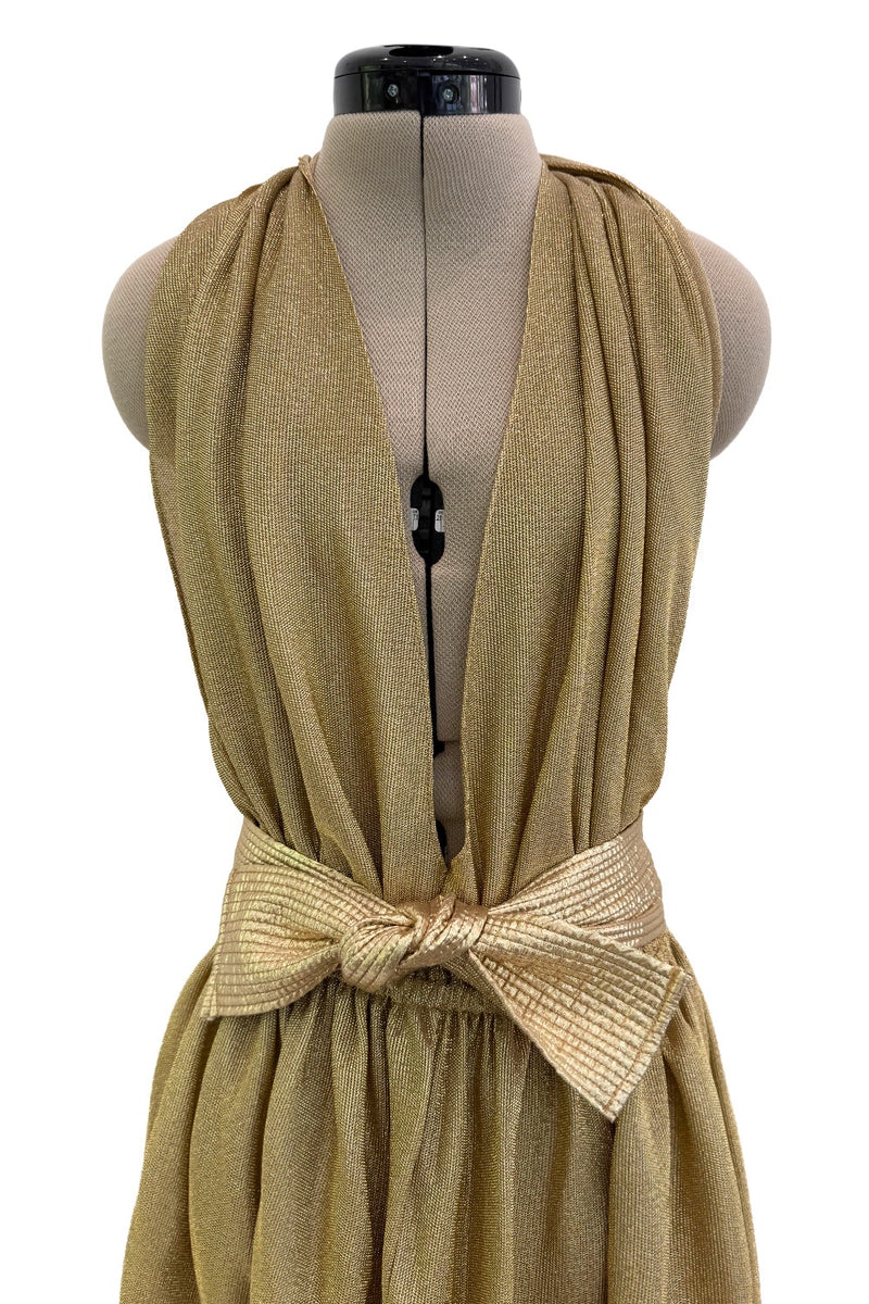 Fantastic Fall 1980 Bill Tice Metallic Gold Halter Front Backless Dress w Top Stiched Tie Belt & Front Slit