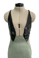 Incredible 1990s Geoffrey Beene Couture Dusty Green Jersey Plunge Dress w Sequins