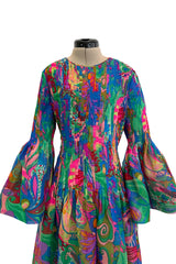 Important 1971 Pierre Cardin Couture Silk Organza Bell Sleeve Dress w Flat Pleated Bodice & Sleeves