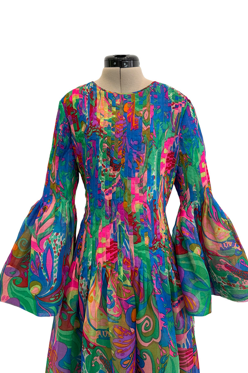 Important 1971 Pierre Cardin Couture Silk Organza Bell Sleeve Dress w Flat Pleated Bodice & Sleeves