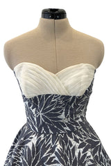 Amazing 1950s Fred Perlberg Hand Painted Silver & Gray Strapless Dress w Pleated Shelf Bust