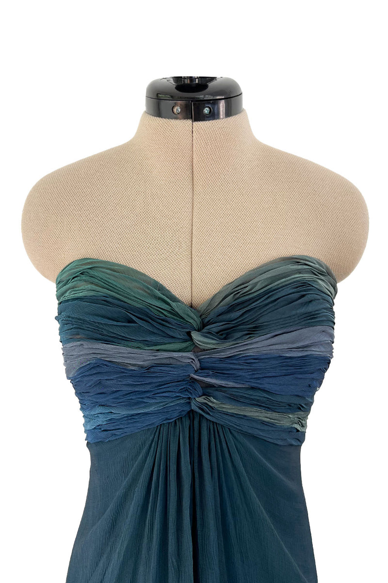 Spring 1990 Oscar De La Renta Ocean Blues Silk Chiffon Strapless Dress w Gathered Bodice