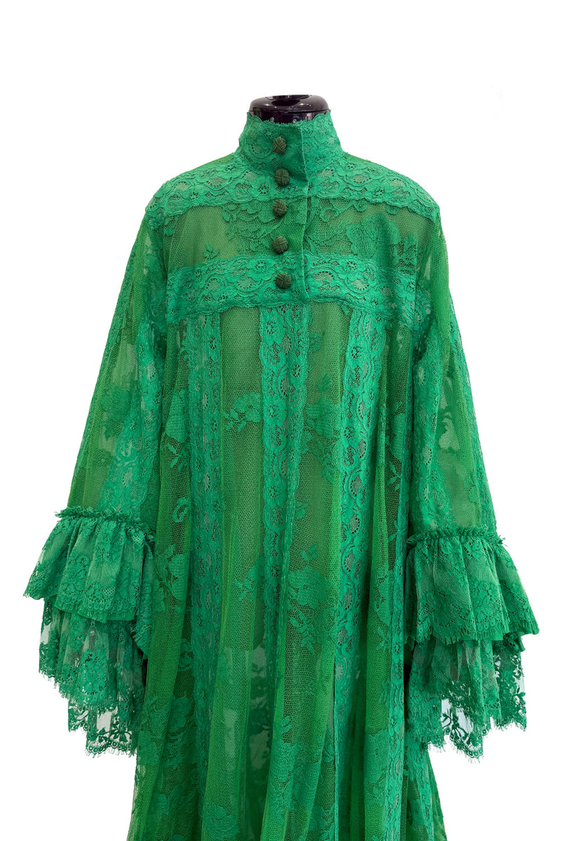 Remarkable Resort 2019 Gucci by Alessandro Michele Runway Look 9 Green Lace & Net Ruffle Dress w Train