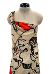 Gorgeous Early 2000s Valentino Roma Bias Cut Floral Print Dress w Bright Pops of Coral Red