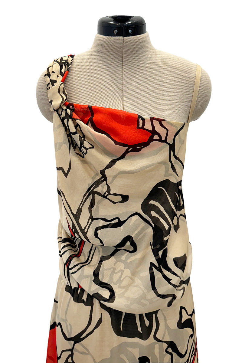 Gorgeous Early 2000s Valentino Roma Bias Cut Floral Print Dress w Bright Pops of Coral Red