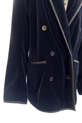 Iconic 1970s Yves Saint Laurent Midnight Blue Velvet Jacket w Ribbon Trimmed Edges