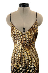 Gorgeous Spring 2005 Roberto Cavalli Black & Gold Feather Print Bias Cut Silk Dress w Open Criss Cross Back