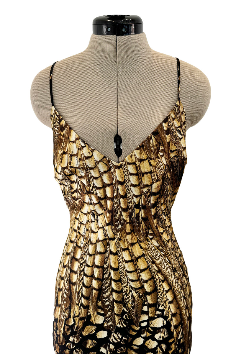 Gorgeous Spring 2005 Roberto Cavalli Black & Gold Feather Print Bias Cut Silk Dress w Open Criss Cross Back