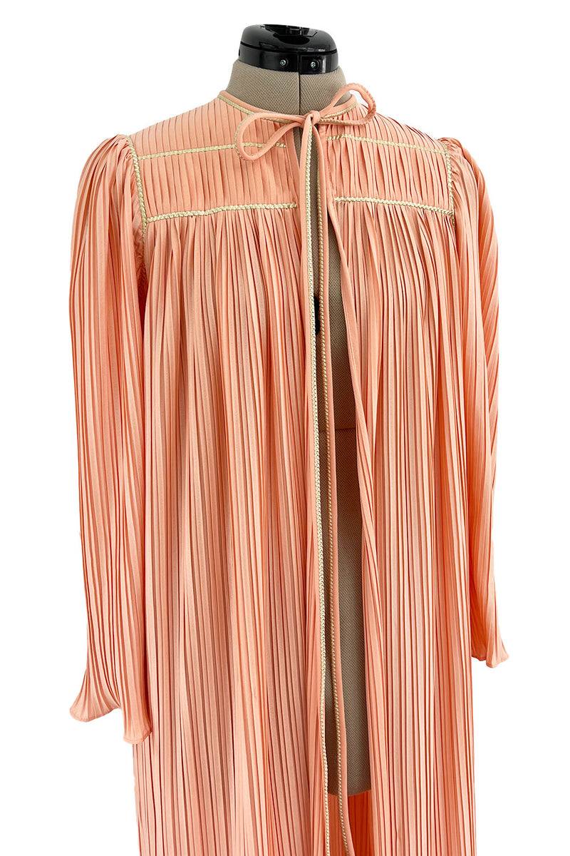 Versatile 1981 Bill Tice Full Length Pleated Peach Coloured Jersey Coat w Gold Cord Detailing