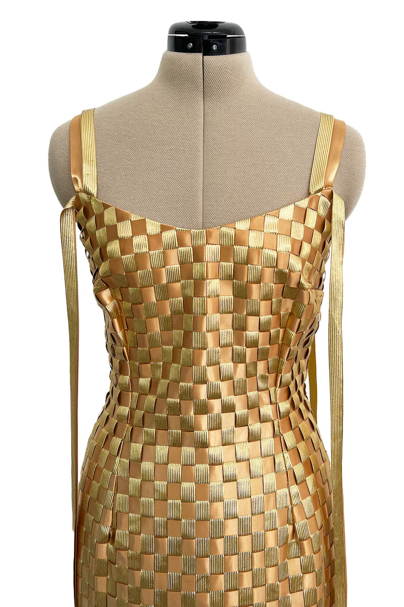 Extraordinary & Rare Fall 1995 Todd Oldham Runway Gold Metallic Woven Ribbon Dress
