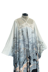 Outstanding 1970s Jean Varon Crane & Ocean Print Jersey Caftan Dress w Hand Crocheted Collar