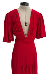 Fantastic Fall 1974 Ossie Clark Runway Documented Red Moss Crepe Dress w Plunging Front & Caped Sleeves