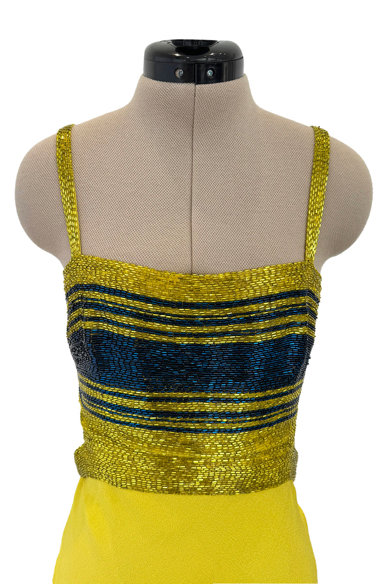 Exceptional 1960s James Galanos Yellow Silk Crepe w Blue & Yellow Beaded Back Cut Out Top