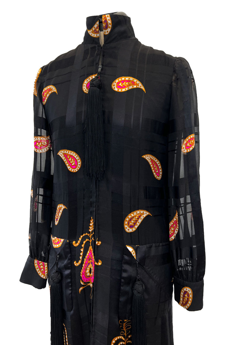 Documented Fall 1970 Valentino Printed Black Ribbon Silk Chiffon Dress w Huge Tassel Detail