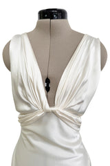 Iconic Spring 2006 Roberto Cavalli Front Plung & Open Back Heavily Detailed w Rhinestone Bias Cut Ivory Silk Dress