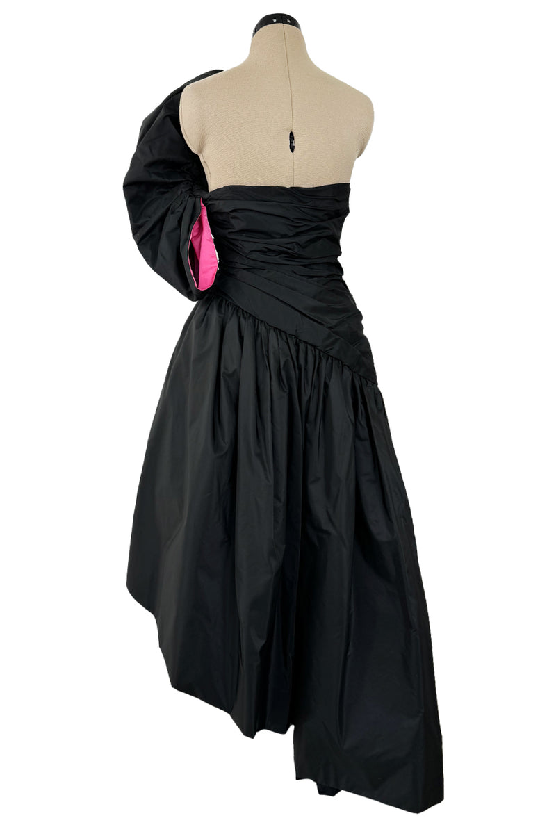 Striking 1980s Arnold Scaasi Couture Black Silk Strapless Dress w Pink Lined Half Bow & Shawl