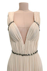 Incredible Fall 2007 Roberto Cavalli Ivory Pleated Silk Jersey Dress w Front Plunge & Rhinestones