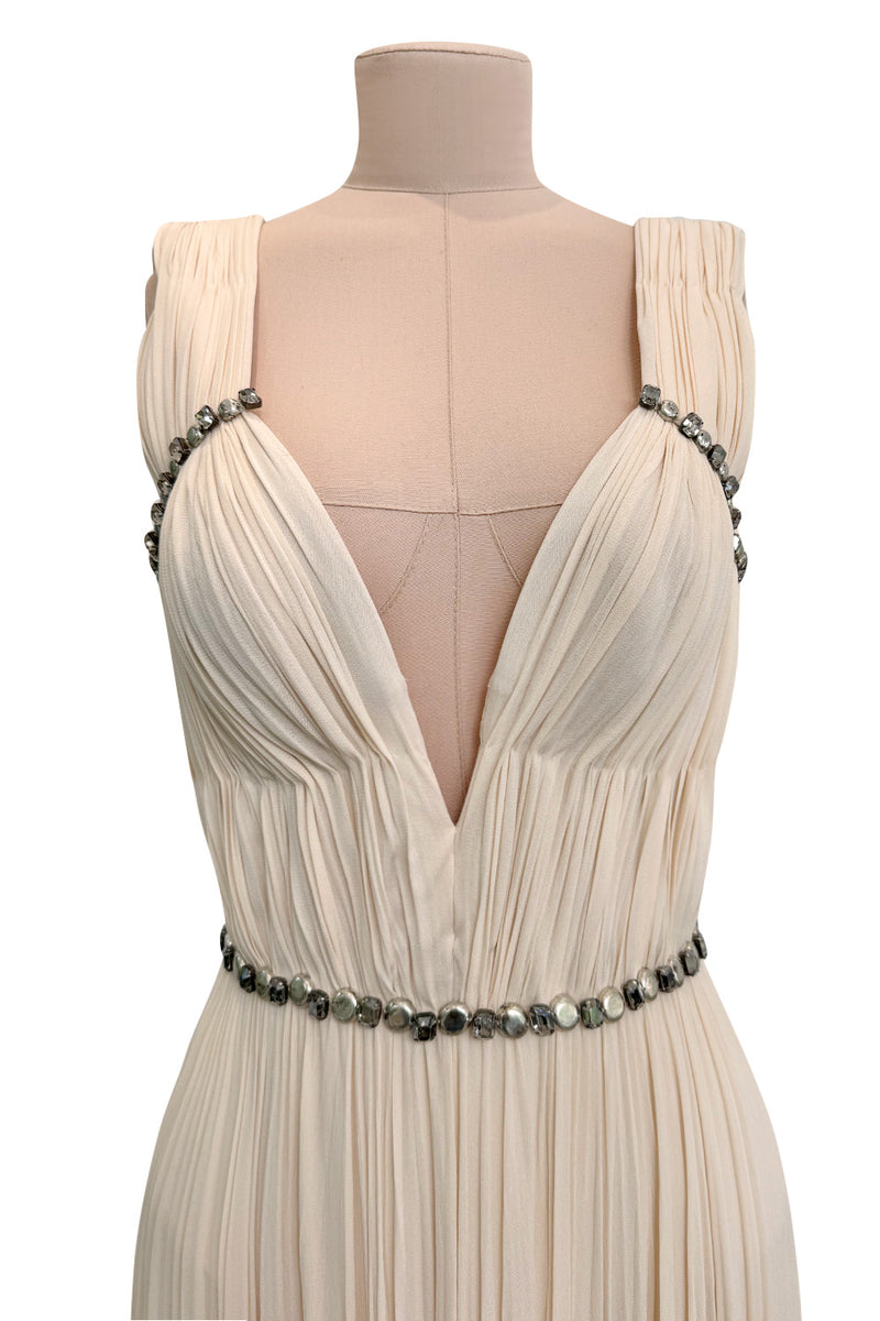 Incredible Fall 2007 Roberto Cavalli Ivory Pleated Silk Jersey Dress w Front Plunge & Rhinestones