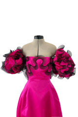 Book Documented Spring 1988 Bill Blass Bright Pink Silk & Black Net Ruffle Dress w Pouf Sleeves