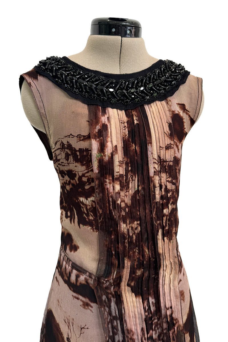 Prettiest Fall 2004 Prada Runway & Ad Campaign Print Silk Chiffon Dress w Beaded Detailing