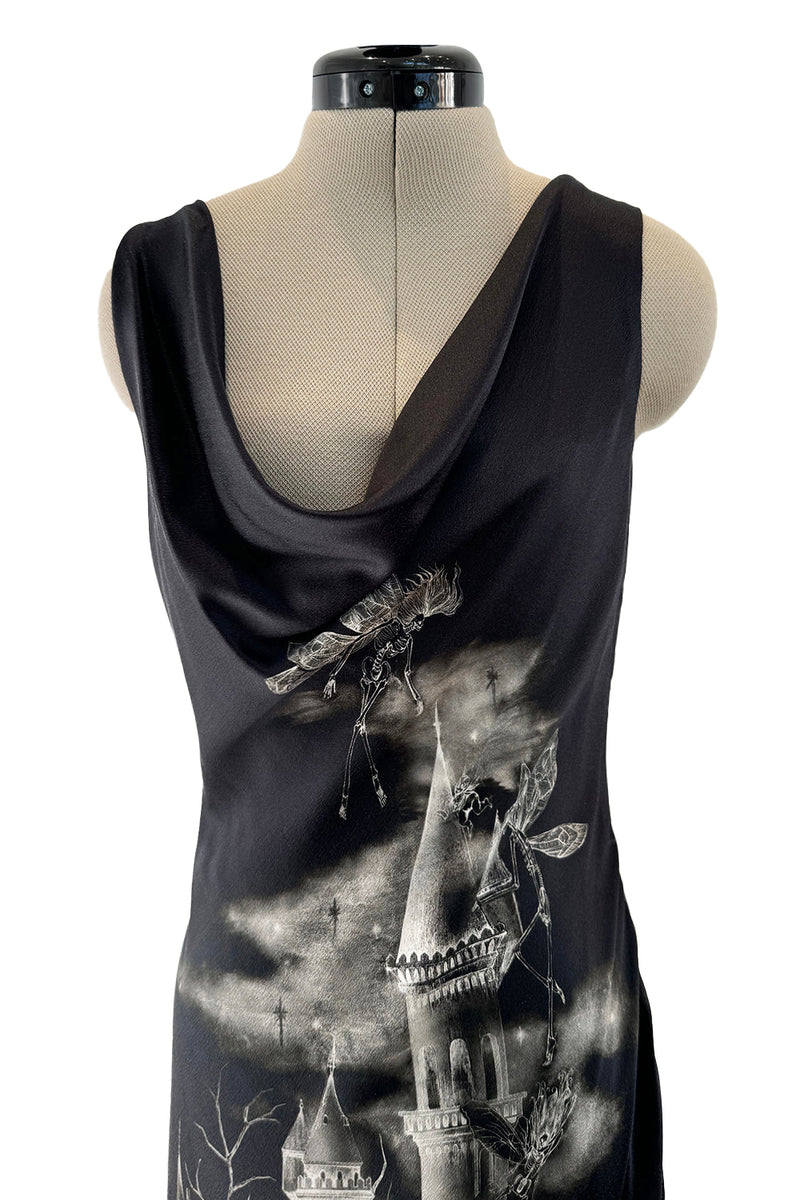 Iconic 2007 Alexander McQueen Fairy / Skeleton Castle Print Silk Bias Cut