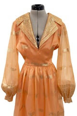 Prettiest 1960s Oscar De La Renta Peach Iridescent Silk Organza Dress w Gold Thread Detailing