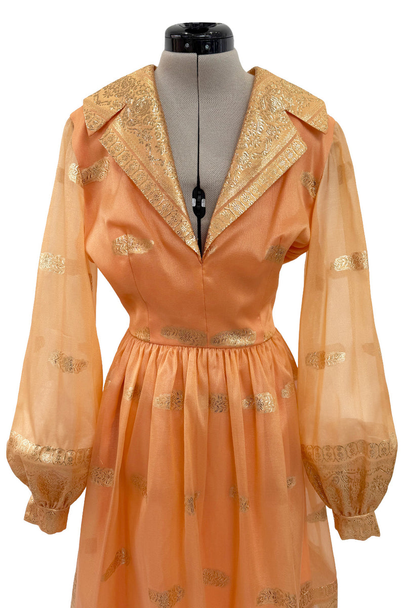 Prettiest 1960s Oscar De La Renta Peach Iridescent Silk Organza Dress w Gold Thread Detailing