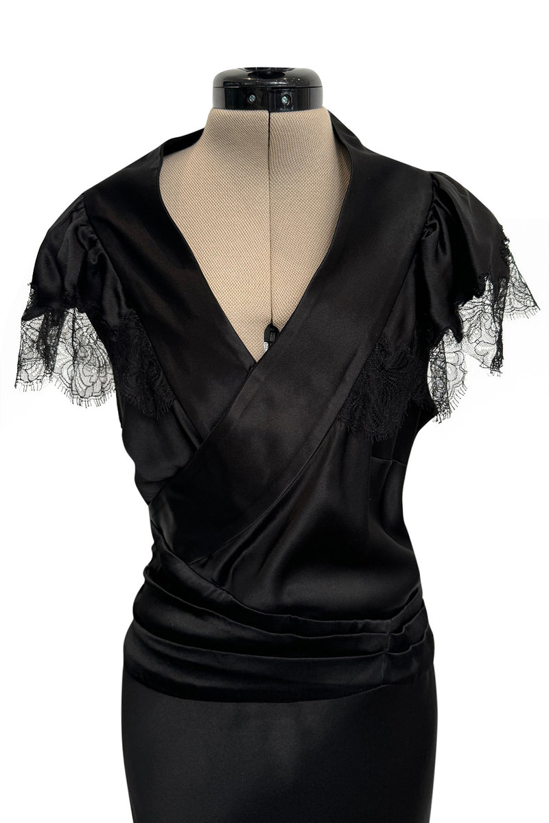 Iconic Fall 2005 John Galliano Black Silk Bias Cut Dress w Plunge Front & Lace Trimmed Cap Sleeves